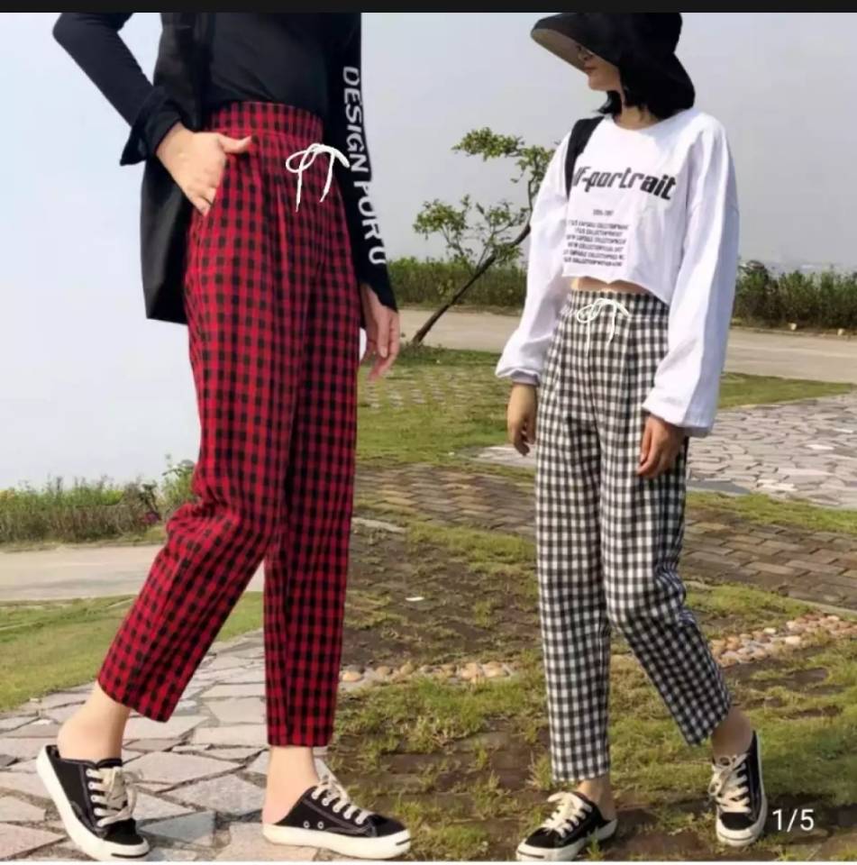 2019กางเกงลายสก๊อตสีดำขาวผ้านิ่ม เวอร์ชั่นเกาหลีใหม่ กางเกงฮาร์ลานตรงเอวสูงหลวมและผอม