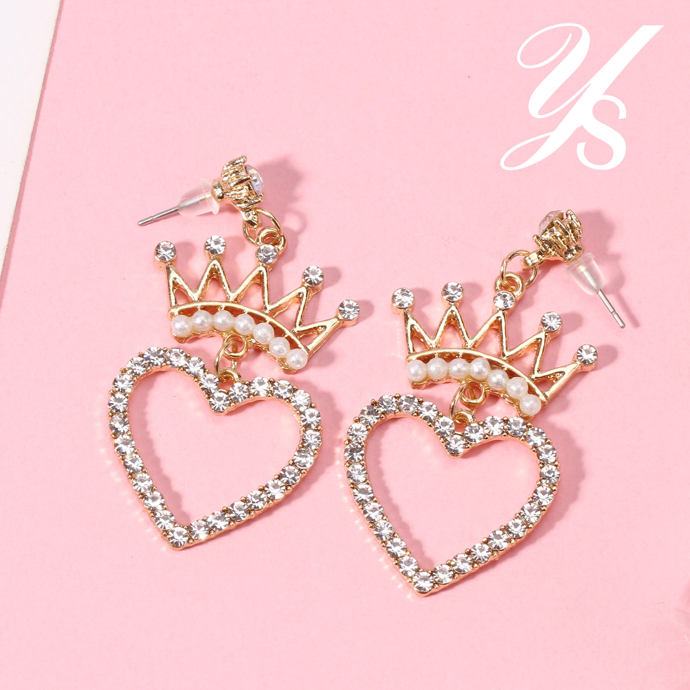 YS ต่างหูมงกุฎเพชร   ต่างหูเพชรรูปหัวใจ Diamond crown earring