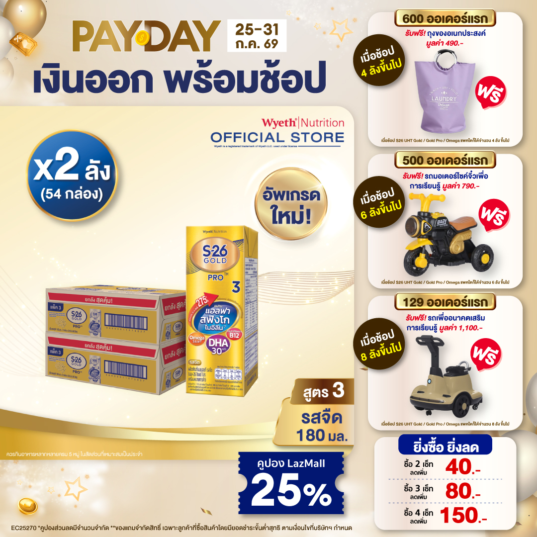 [ยกลัง x2][27 กล่อง/ลัง] นมกล่อง เอส-26 ยูเอชที โกลด์โปร สูตร 3 S-26 Gold Pro UHT Milk Formula 3 [x2 cartons][27 boxes/carton][54 boxes]