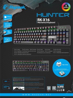 ดูภาพ Razeak คีย์บอร์ด รุ่น RK-X16 Hunter Semi Blue Switch Mechanical Gaming เพิ่มเติม Razeak คีย์บอร์ด รุ่น RK-X16 Hunter Semi Blue Switch Mechanical Gaming