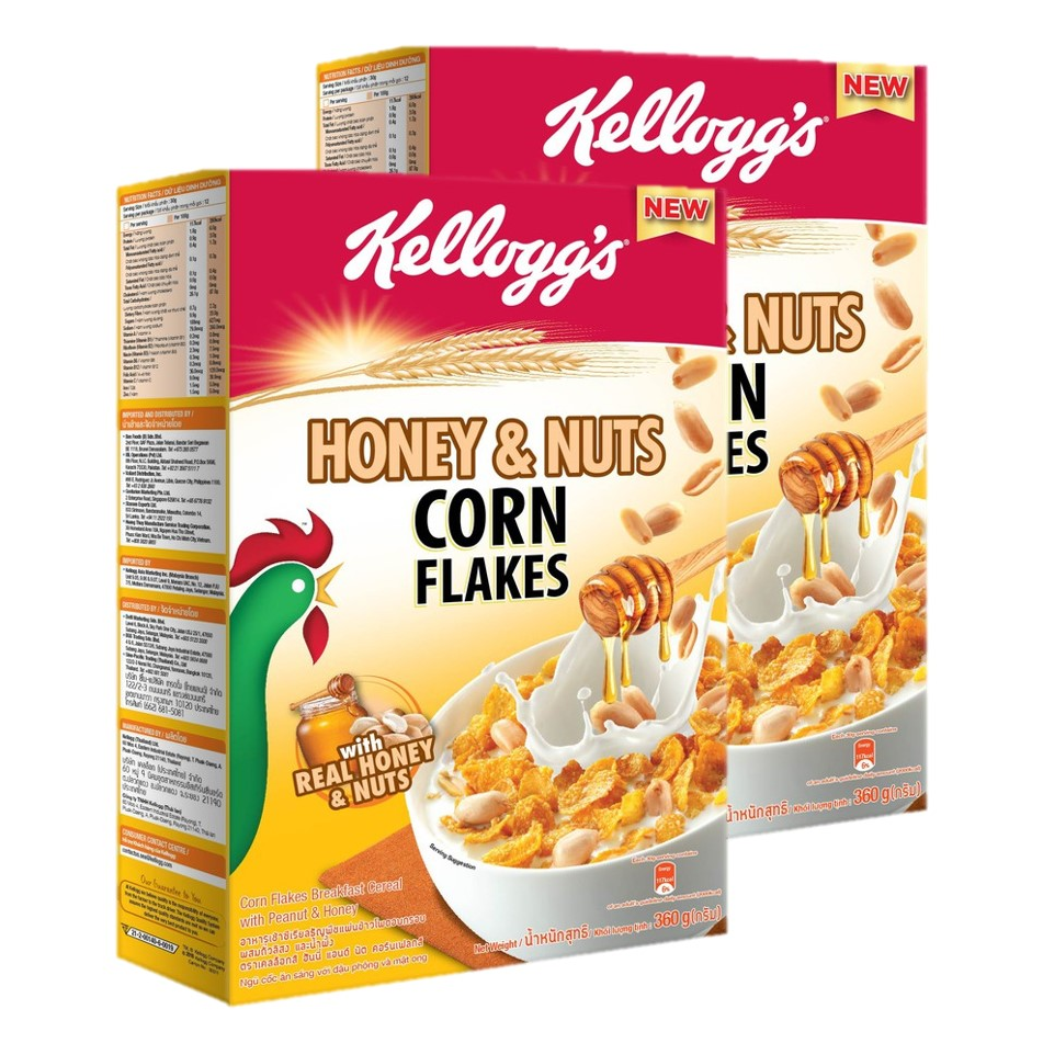 Kelloggs Honey & Nut Corn Flakes เคลล็อกซ์ คอร์นเฟลกส์ แผ่นข้าวโพดอบกรอบ รสน้ำผึ้งและถั่ว 200กรัม x 2กล่อง