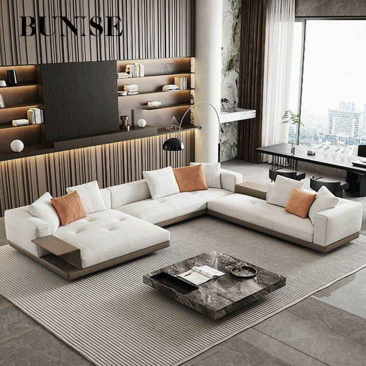 Bunise modern minimalist sofa, 1-5 seater sofa, mid to large sofa, L-shape sofa, U-shape sofa, side table sofa, linen sofa, base lower floor, the sofa is upholstered in leather, the upper part of the sofa is cpl24 linen. ราคา 57,999 บาท*ส่งฟรี