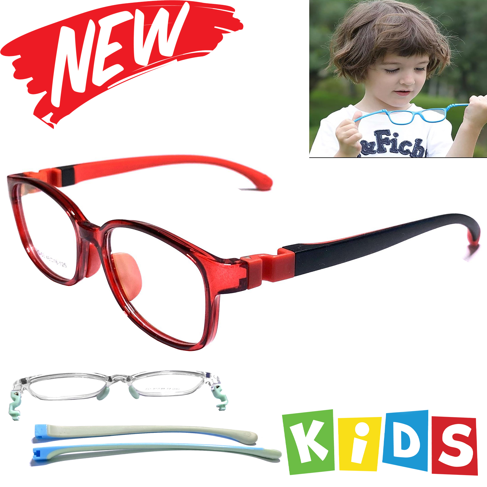 แว่นตาเด็ก  กรองแสงสีฟ้า blue block แว่นเด็ก บลูบล็อค รุ่นTRD-03 ขาข้อต่อยืดหยุ่น ถอดขาเปลี่ยนได้ วัสดุTR90เบาสวมไส่สบาย