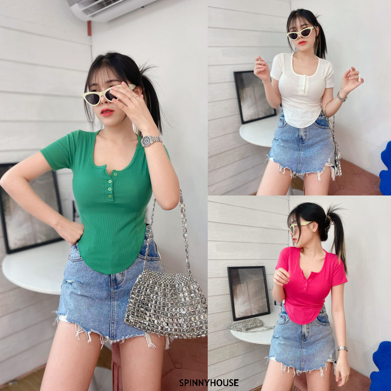 🌈 SpinnyHouse 🌈 เสื้อยืด ผ้าไหมพรมผ้าร่อง เสื้อครอป เสื้อเกาหลี✨ เสื้อสายฝอ แต่งกระดุมช่วงอก🐱 ทรงคอเหลี่ยม รุ่น อั้ม ราคา 89 บาท*ส่งฟรี