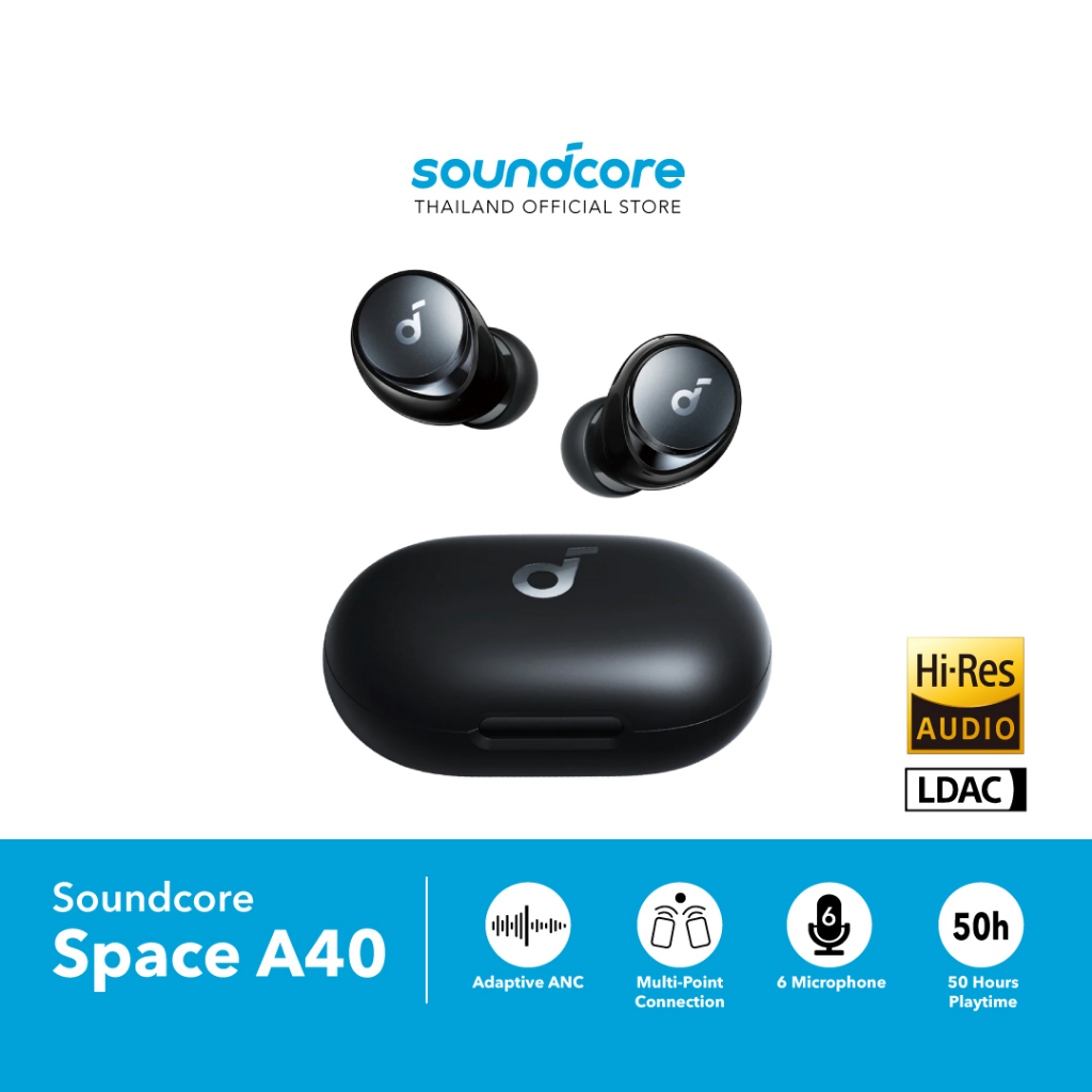 Soundcore Space A40 หูฟังบลูทูธ Auto-Adjustable ANC ลดเสียงรบกวน 98% Hi-Res Sound ใช้งาน 50 ชม.