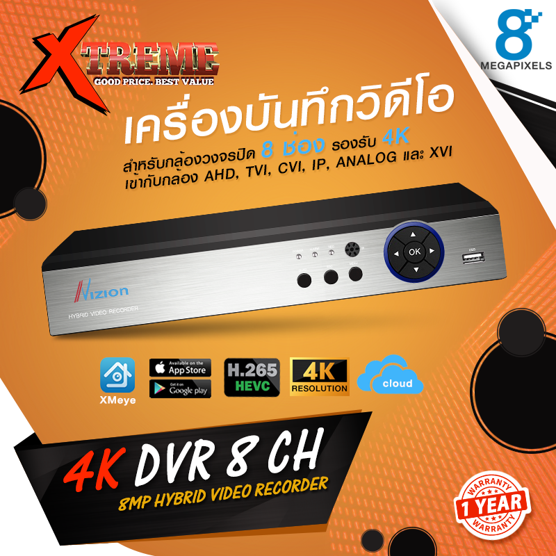 DVR 4K 8CH Hybrid Video Recorder/ 4K Output / XMEYE APP /Support 8MP / Dropbox Support / ONVIF / P2P 6 IN 1 / Mode TVI, CVI, AHD , IP , XVI , Digital Video Recorder / Dahua/ Hikvision/ Watashi/ Bosch/ AVTech/ Panasonic/ Amorn/ Longse ราคา 3,100 บาท*ส่งฟรี