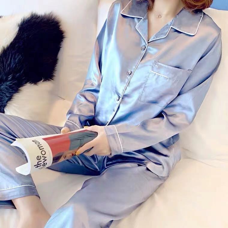 SUNNY SHOP-ชุดนอนผู้หญิง ผ้าซาติน เสื้อเเขนยาว+ กางเกงขายาว