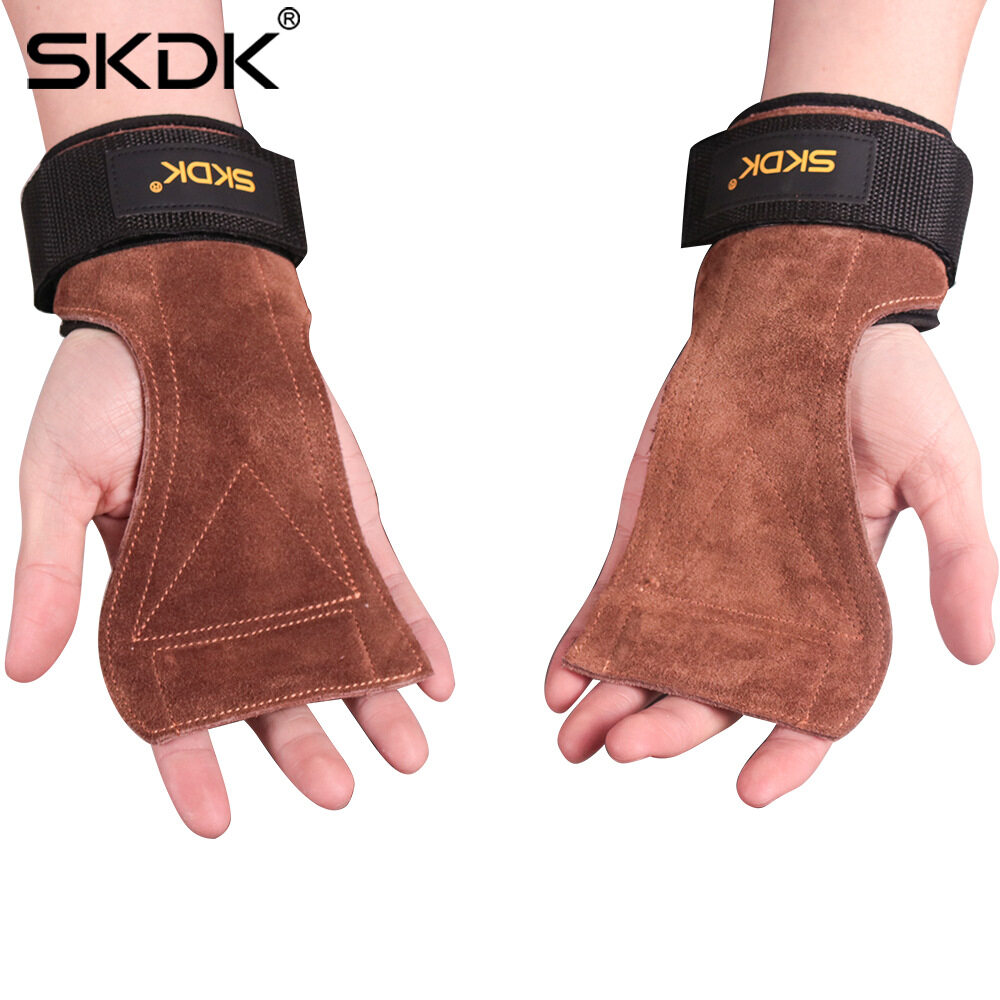 ถุงมือฟิตเนส STRAPS Leather Grip pads & Strap SKDK หนังกลับ สแต๊ป หนัง หนังวัว หนังแท้ รัดข้อมือ ถุงมือ เซพข้อ（1คู่）