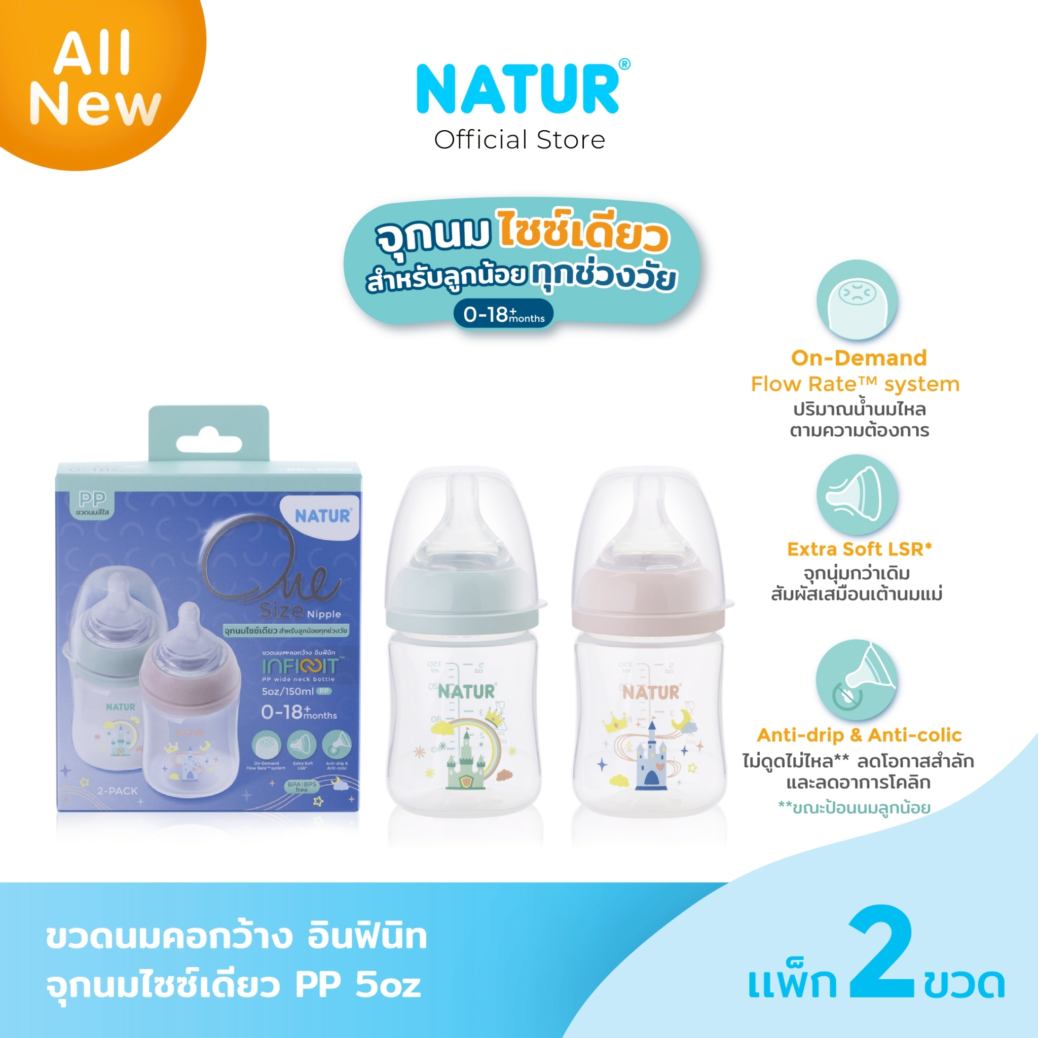 [NEW] NATUR เนเจอร์ INFINIT ขวดนม ขวดนมคอกว้าง อินฟินิท PP 5oz ลายปราสาท (แพ็ก 2) ราคา 478 บาท*ส่งฟรี