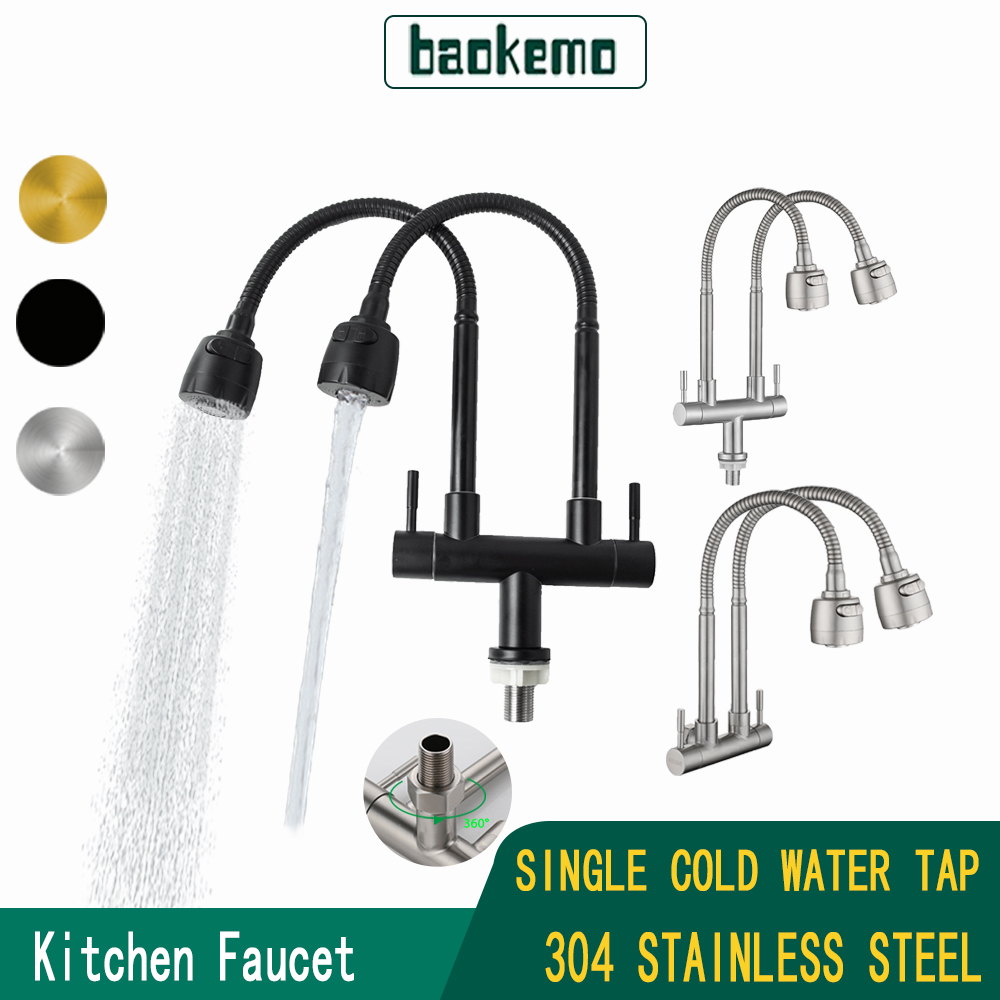 baokemo 304 ก๊อกน้ำห้องครัวสแตนเลสเดี่ยว 360 องศาหมุนคู่หัวอ่างล้างจานก๊อกน้ำอ่างล้างหน้าก๊อกน้ำ ราคา 399 บาท*ส่งฟรี
