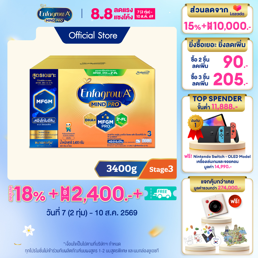 นมผง เอนฟาโกร เอพลัส มายด์โปร สูตร3 ชนิดจืด (3400 กรัม) Enfagrow A+ MindPro Stage3 Plain (3400 g) *แพ็คเกจอยู่ระหว่างการเปลี่ยนแปลง