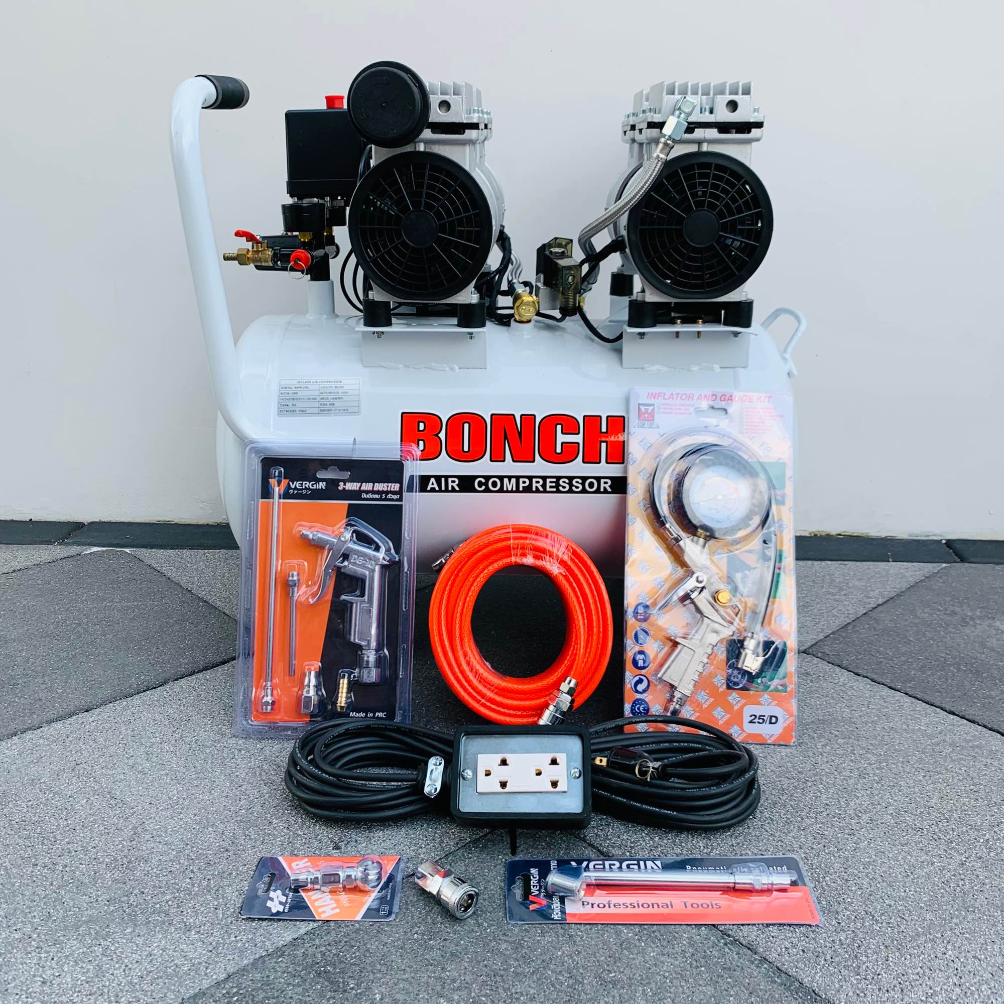 Bonchi ถังลม ปั๊มลม ปั๊มลมออยฟรี ขนาด 50ลิตร 1100W 2 หัวปล่อยลม 2 มอเตอร์+ อุปกรณ์ 6 ชิ้น และ ปลั๊กไฟพร้อมสายยาว 10 เมตร เสียงเงียบ ปั๊มลมไว ราคา 4,390 บาท*ส่งฟรี