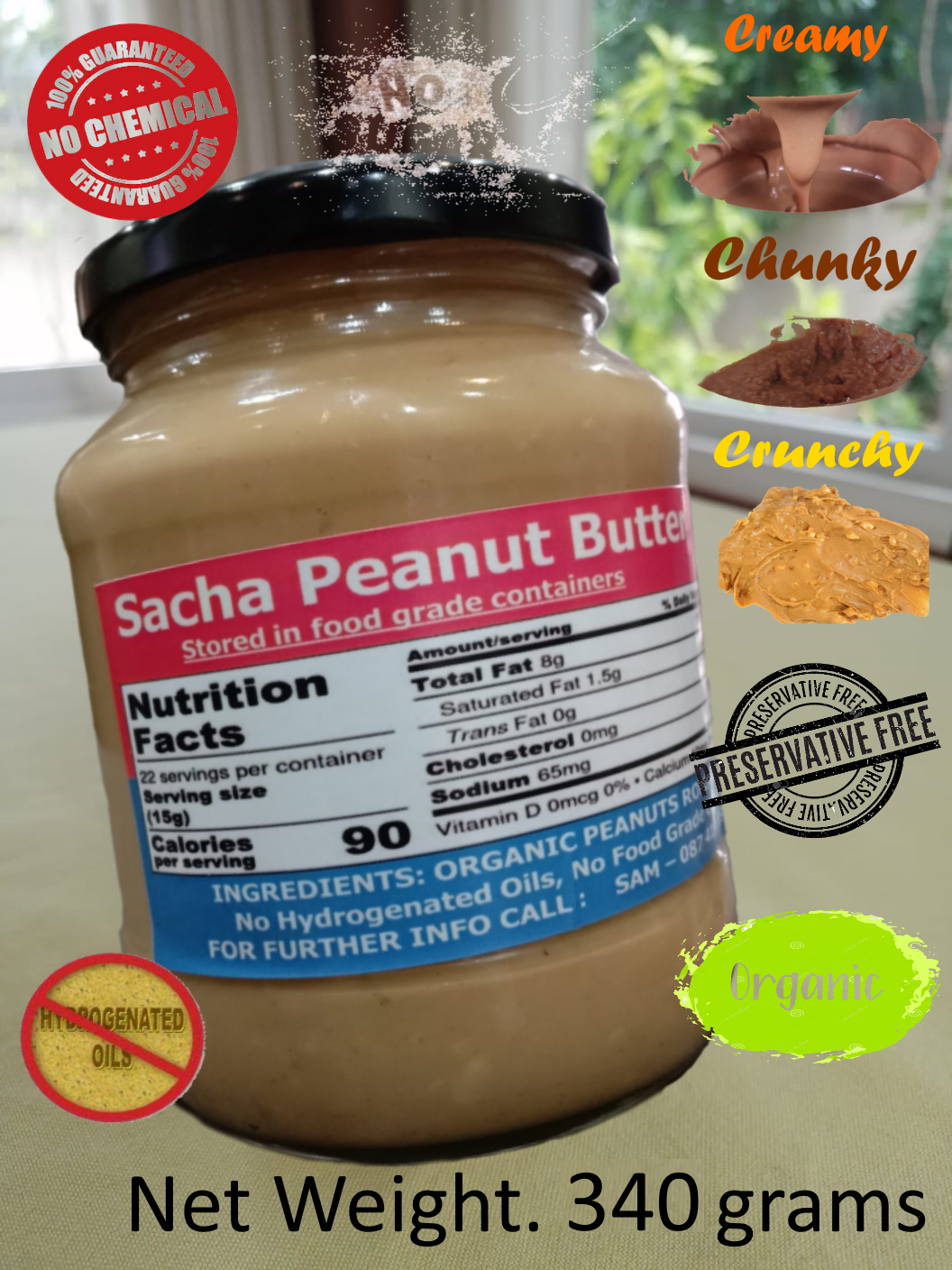 Sacha Peanut Butter (Creamy / Chunky / Crunchy) All Natural Organic (340 grams) - Free Delivery, ซาช่า-เนยถั่ว (ส่งฟรี)