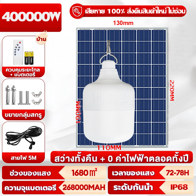 🐓แท้100% โซล่าเซลล์ หลอดไฟโซล่าเซล ไฟโซล่าเซล1000wแท้ ไฟโซล่าเซลล์ตุ้ม solar light outdoor กันน้ำ LED IP67 โซล่าเซล ไฟโซล่าเซลล์ โคมไฟโซลาเซล