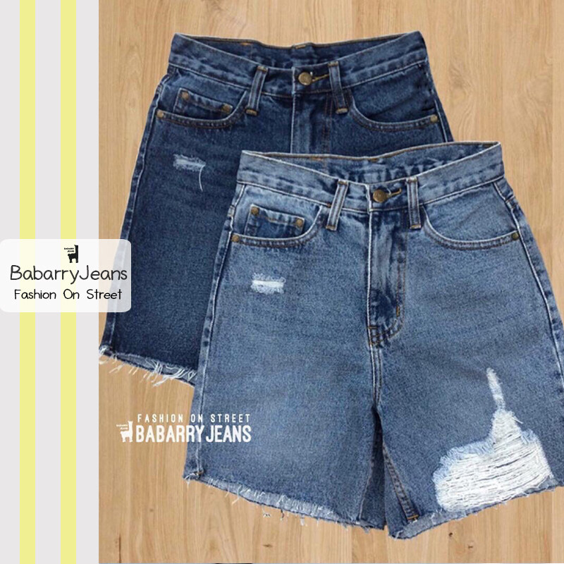 BabarryJeans ยีนส์สามส่วน เอวสูง แต่งขาด ผ้ายีนส์ไม่ยืด สียีนส์เข้ม/ สียีนส์อ่อน