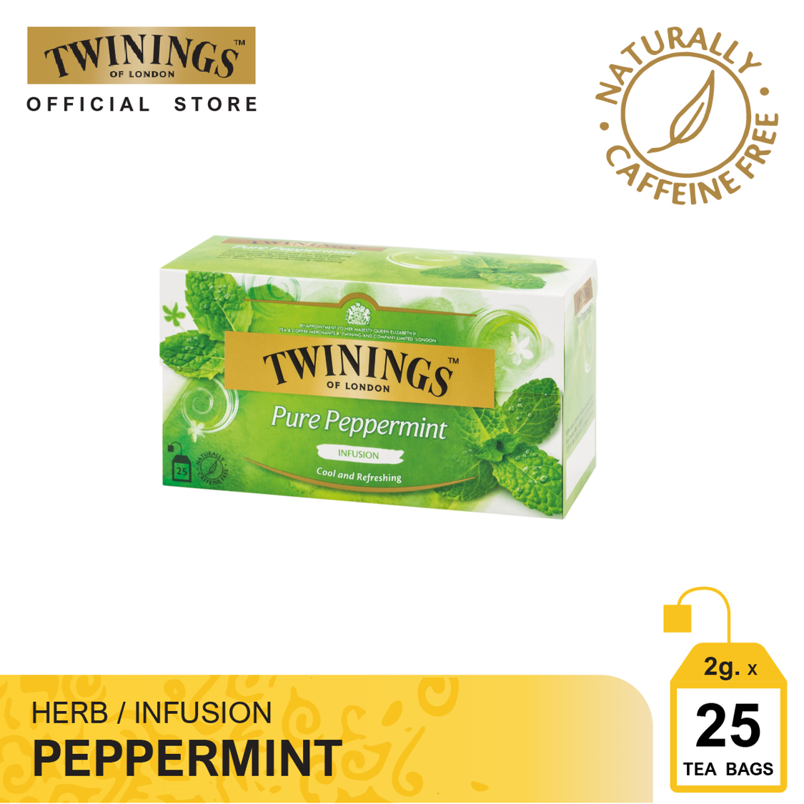 ทไวนิงส์ เครื่องดื่ม เพียว เปปเปอร์มินท์ ชนิดซอง 2 กรัม แพ็ค 25 ซอง Twinings Pure Peppermint 2 g. Pack 25 Tea Bags