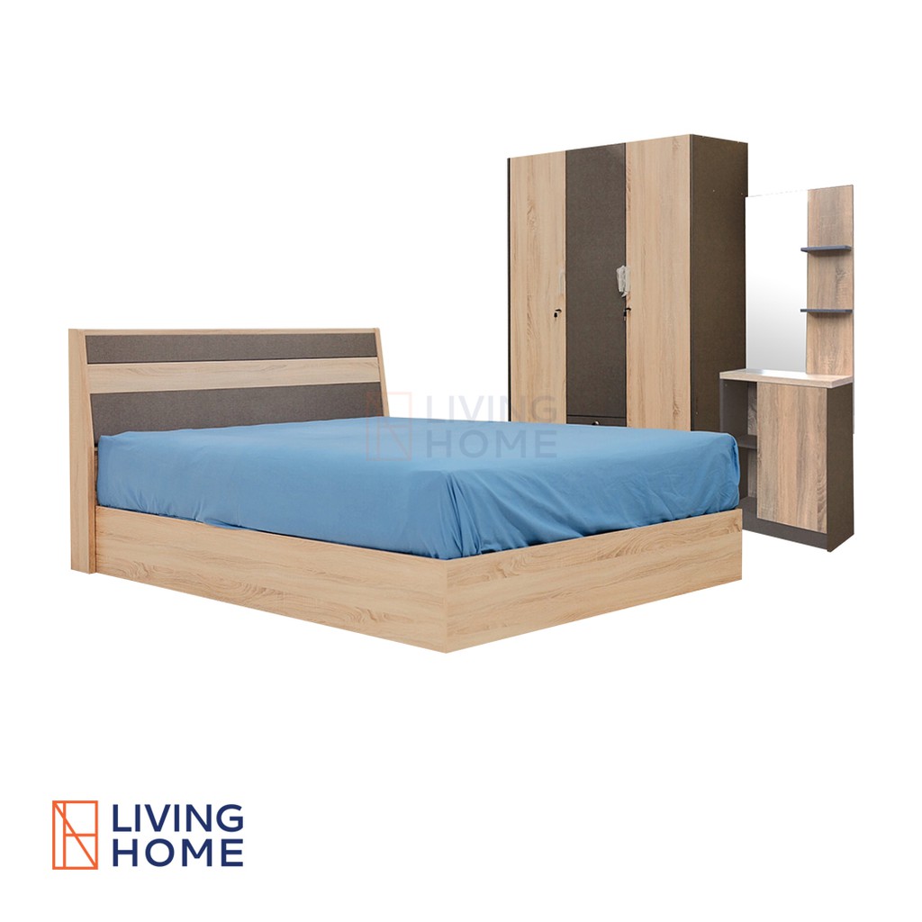 ผ่อน0% ชุดห้องนอน 5,6 ฟุต สีโซลิค-เทา | เตียง ตู้เสื้อผ้า โต๊ะเครื่องแป้ง ที่นอน (STARRY)  | Livinghome