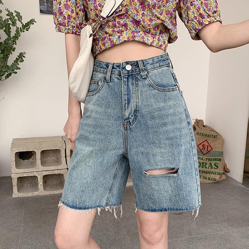 MNO.9 Lady Fashion Jeans 573 กางเกงยีน​ส์​ขา3ส่วนเอวสูงสีฟอก แต่งขาดเข่า ทรงยอดฮิต มีสีเดียว กางเกงยีนส์ ผญ2021