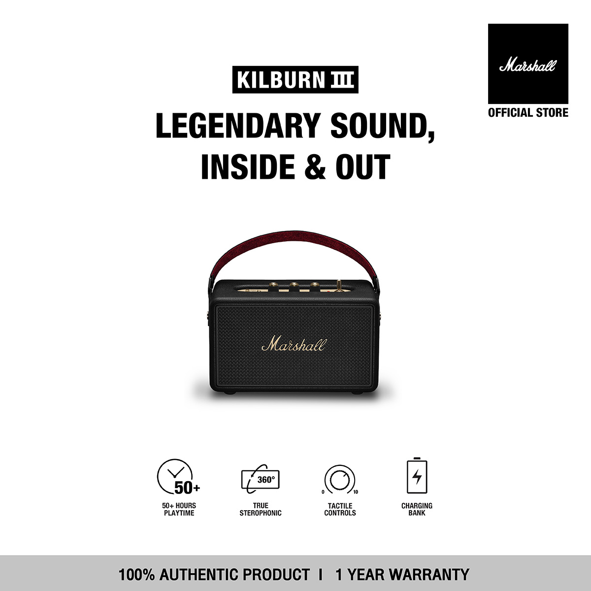 ลำโพงบลูทูธไร้สาย Marshall Kilburn III Black & Brass - รับประกัน 1 ปี + - ลำโพง Bluetooth, ลำโพงพกพา, ลำโพง ราคา 15,990 บาท*ส่งฟรี