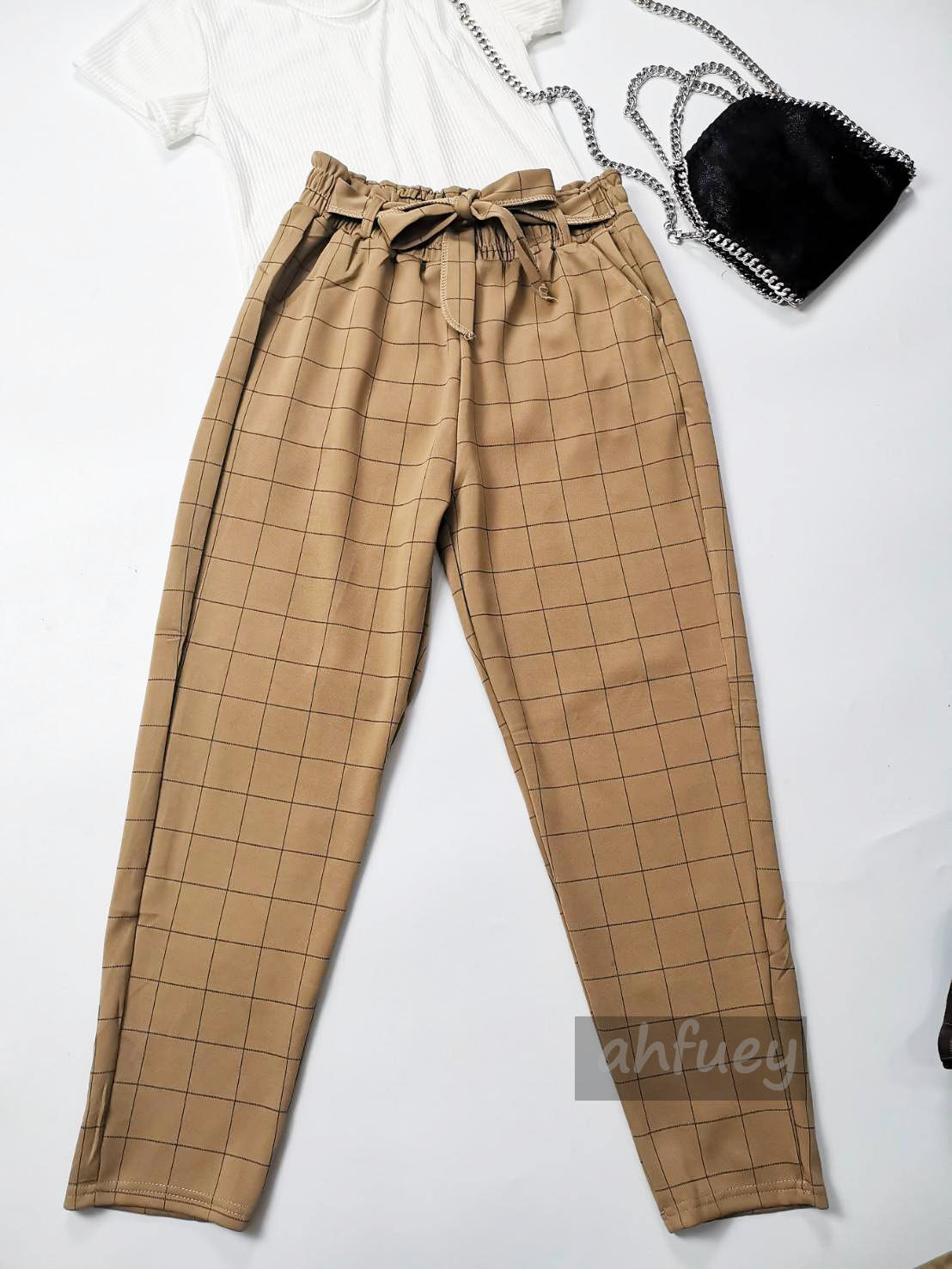 กางเกงลายสก๊อตขายาวเชือกผูกโบว์ได้ กางเกงผ้าเกาหลีหนายางยืด เอวสม็อก