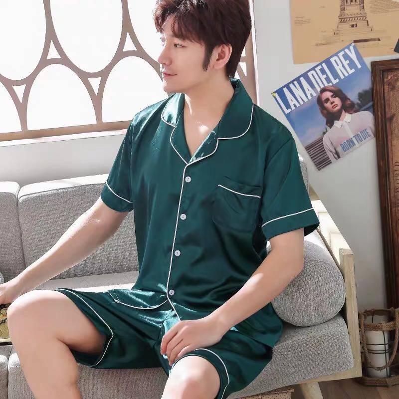 lucky Bag_shopชุดนอนชาย แฟชั่นเกาหลี，สีล้วน ผู้ใหญ่menผ้าซาติน เสื้อแขนสั้น+กางเกงขาสั้น