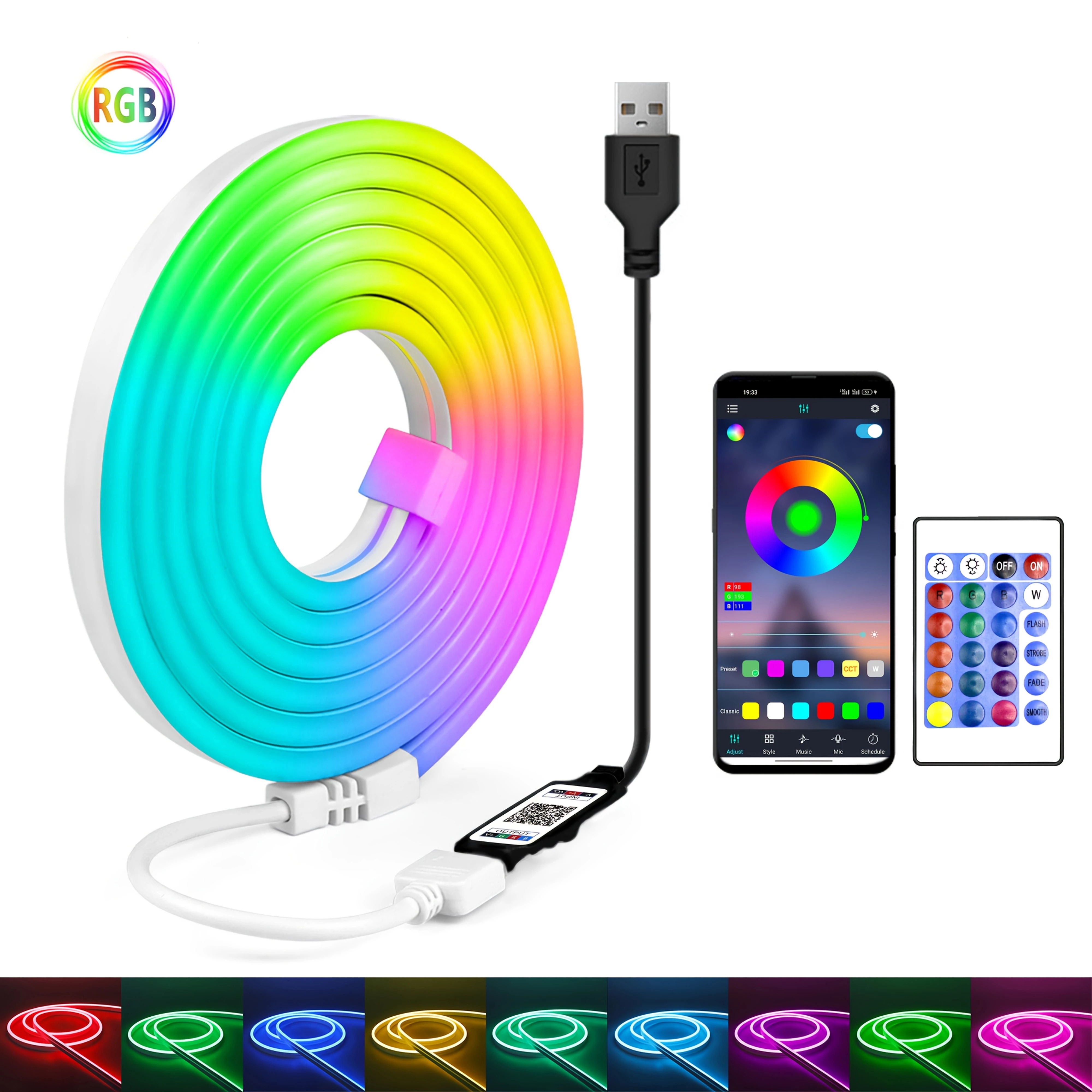 ไฟสายนีออนไล่สี RGB แถบไฟ LED นีออน RGBIC อัจฉริยะพร้อมโหมดไล่ตามเพลง ไฟ LED ยืดหยุ่นกันน้ำแบบ USB สำหรับตกแต่งห้อง