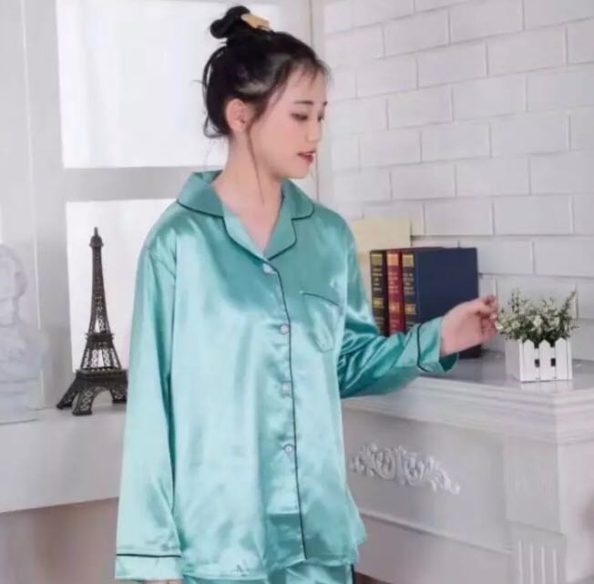 SMILE-SHOP-ชุดนอนแฟชั่นเกาหลี，Womenผ้าไหมน้ำแข็ง.เสื้อแขนยาว+กางเกงขายาว