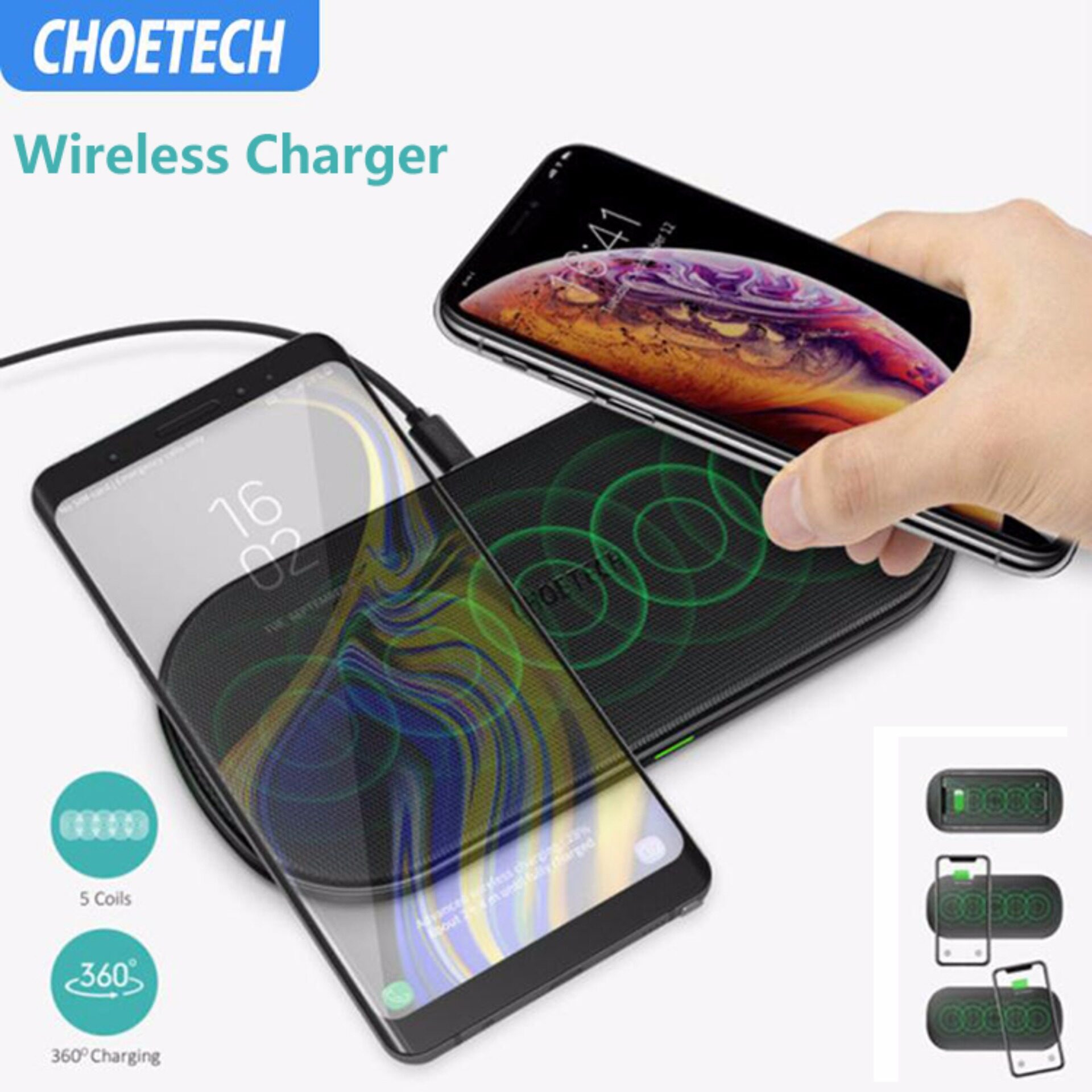 CHOETECH ที่ชาร์จแบตไร้สาย แท่นชาร์จแบต ชาร์จเร็ว 10W Qi Dual Wireless Charger 5 Coils Fast Charging Pad Compatible for iPhone X XS Max for Samsung S8 S9 S10 New AirPods