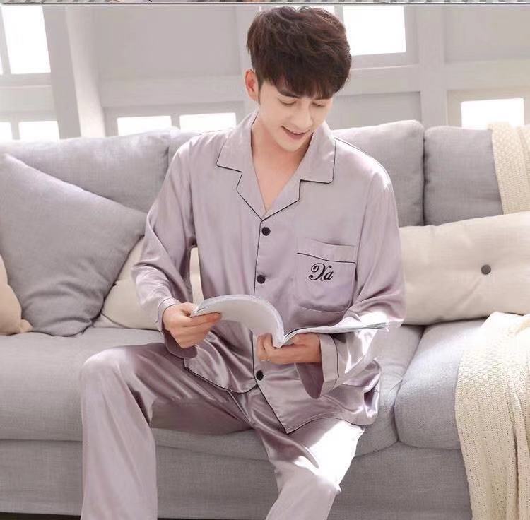 XY-FASHIONชุดนอนสี่ล้วน menผ้าซาติน， 【เสื้อแขนยาว+กางเกงขายาว】