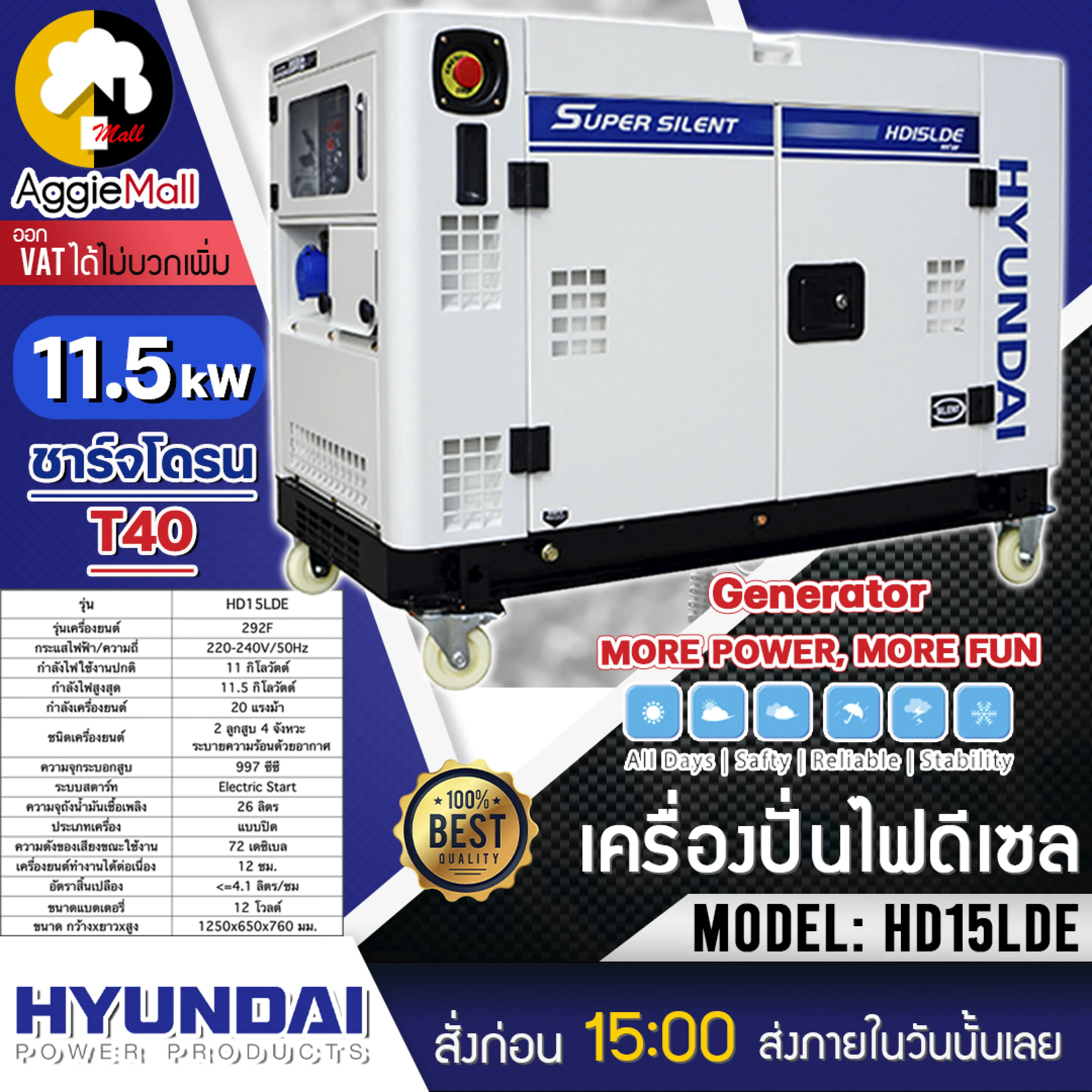 HYUNDAI เครื่องปั่นไฟ ดีเซล รุ่น HD15LDE เครื่องยนต์ 4 จังหวะ (220V. / 11.5 kW. / 20HP / 2สูบ) เครื่องกำเนิดไฟฟ้า ปั่นไฟ ปั่นไฟดีเซล จัดส่งทั่วประเทศ