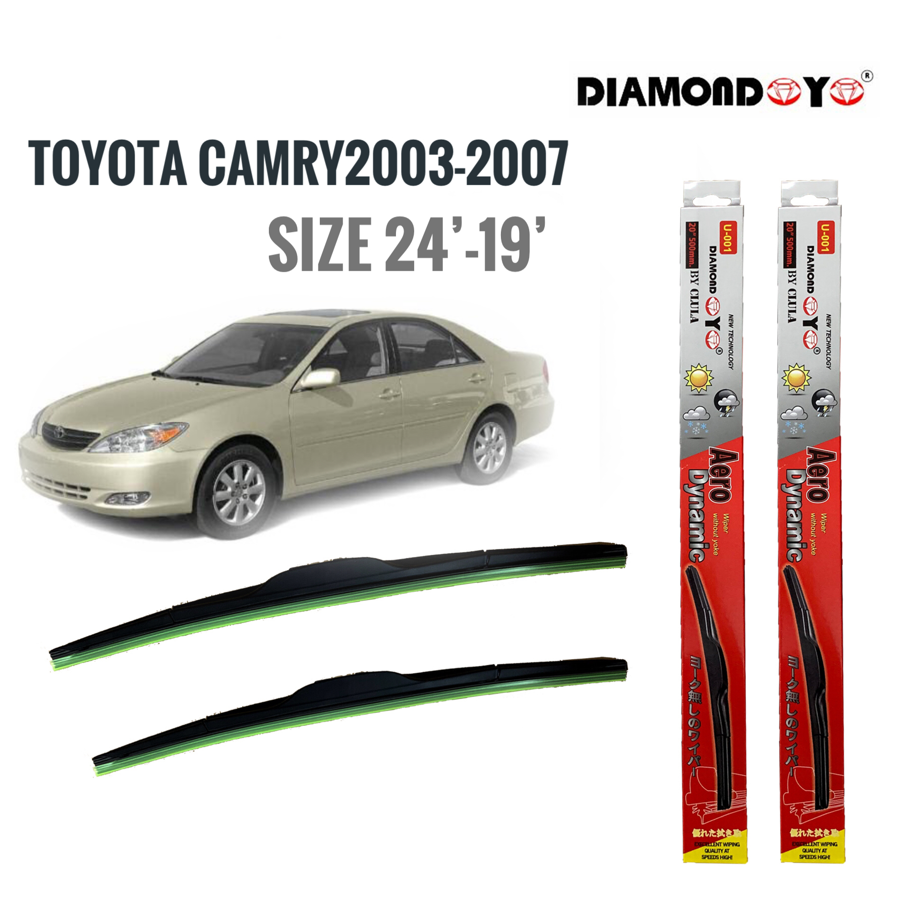 ที่ปัดน้ำฝน ใบปัดน้ำฝน ซิลิโคน ตรงรุ่น Toyota Camry ปี 2003-2007 ไซส์ 24-19 ยี่ห้อ Diamond กล่องแดง อุปกรณ์ยางรีดน้ำกระจก