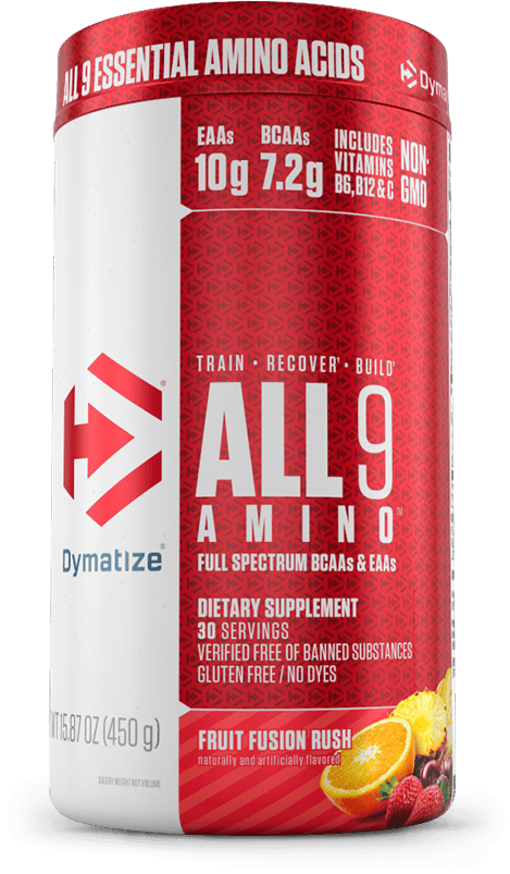 Dymatize All9 Amino, 7.2g of BCAA 10g of Full Spectrum Essential Amino Acids Per Serving for Recovery and Optimal Muscle Protein Synthesis (Fruit Fusion Rush)30 Servings กรดอะมิโนทีจำเป็น ฟื้นฟูกล้ามเนื้อ บีซีเอเอ