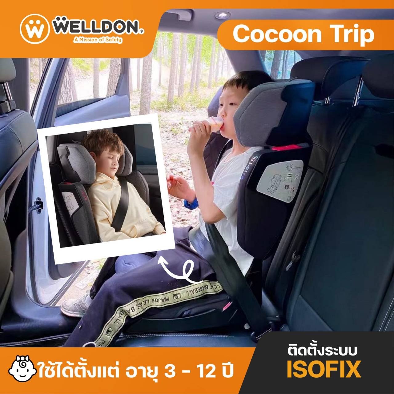 Welldon Booster Car Seat, Cocoon Trip Model, Portable Booster for Ages 3-12, Highest Standard I-Size, Equipped with Isofix System. ราคา 2,699 บาท*ส่งฟรี
