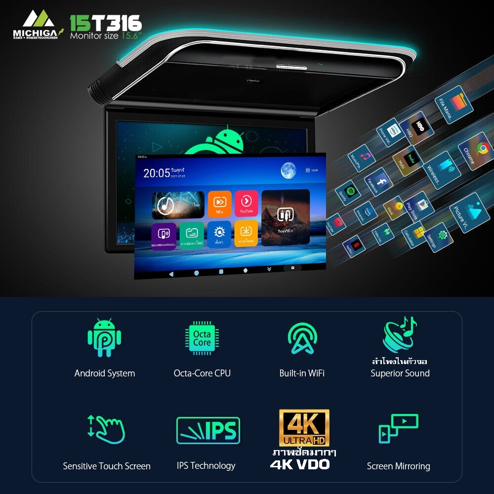 มี HDMI จอเพดานจอกลางแอนดรอยติดรถยนต์ 15.6 นิ้ว MICHIGA รุ่น15T316 ระบบทัชสกรีน (สเปคเทพ เร็ว แรง) เชื่อมต่อไวไฟง่าย WIFI ราคา 17,000 บาท*ส่งฟรี