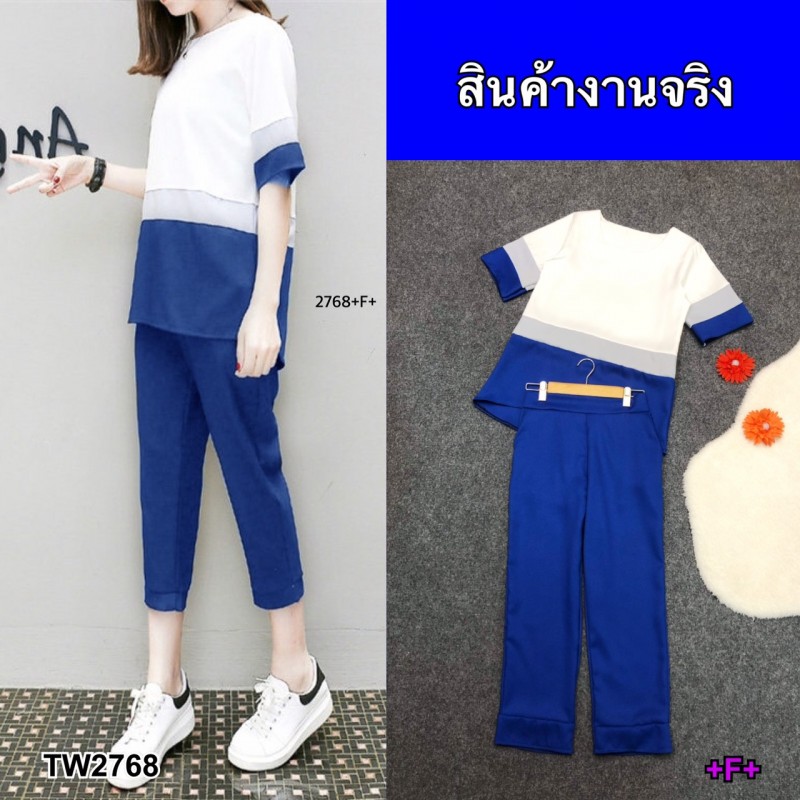 GN2768   **รบกวนสอบถามก่อนสั่งซื้อจ้า**  เซท 2 ชิ้นเสื้อคอกลม แขนศอก ตัดต่อผ้าโฟร์เวย์3 สี