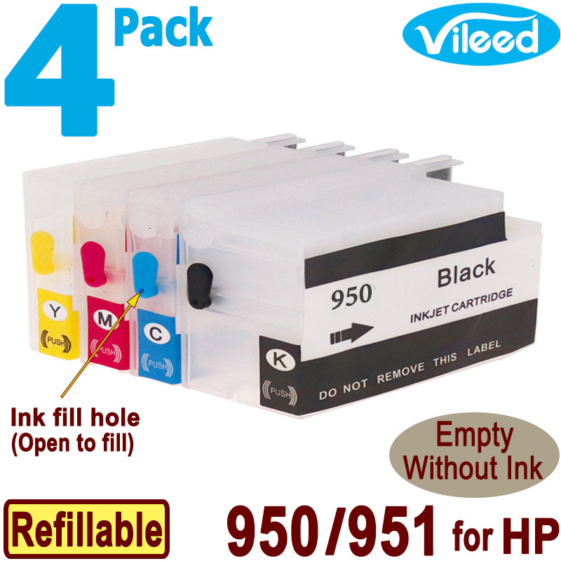 4 Pack 950 K 951 C M Y Refillable Empty Print Cartridge Without Ink 950 Black 951 Cyan Magenta Yellow Compatible for HP Officejet Pro 8100 8600 8610 8620 8630 8640 8650 8660 8615 8616 8625 251dw 276dw Colour Printer