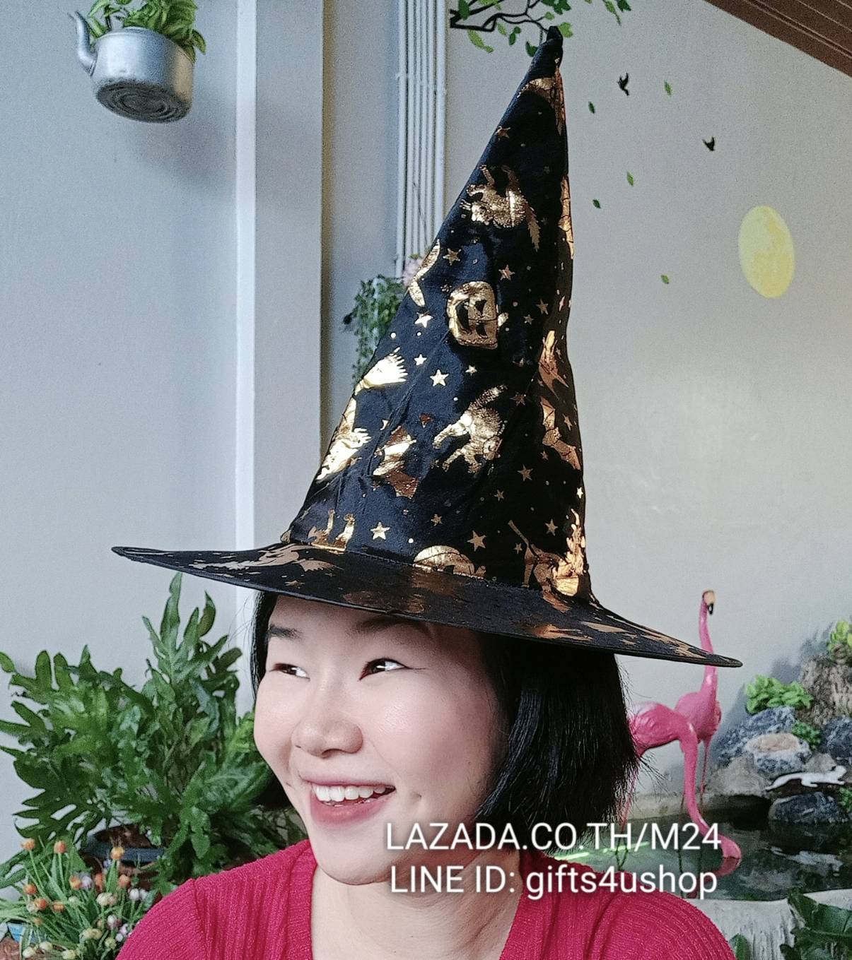 1 ใบ ลายแม่มด หมวกแม่มด หมวกพ่อมด หมวก สามเหลี่ยม ทรงสูง ปลายโค้ง วงพระจันทร์ หมวก พ่อมด แม่มด หมวกแฟนซี หมวกคอสเพลย์ halloween wizard hat m24