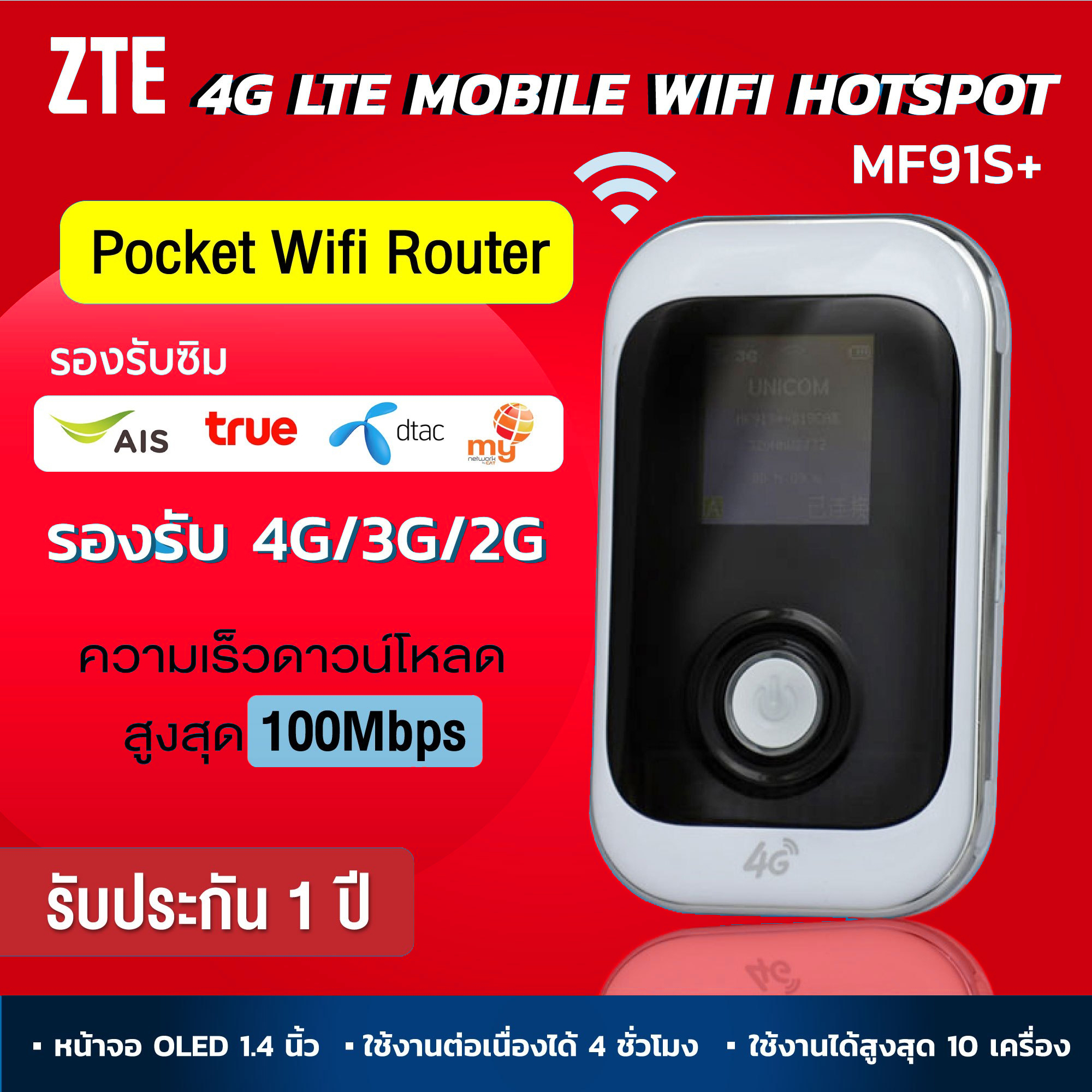 Pocket WiFi 4G ZTE รุ่น MF91S+ ความเร็ว 150 Mbps ใช้ได้ทุกซิม ใช้ได้กับ AIS/DTAC/TRUE น้ำหนักเบา พกพาง่าย แอร์การ์ด โมบายไวไฟ ไวไฟพกพา ของแท้ ส่งไว ประกัน 1 ปี