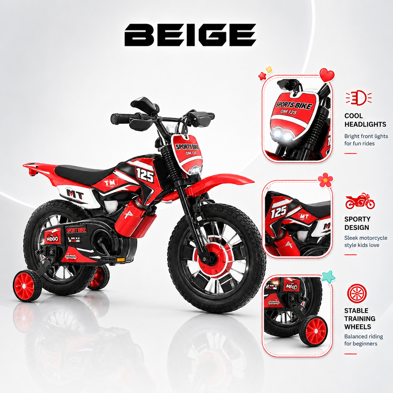 Beige Children's Bicycle, 12-20 Inches, Strong Steel Frame, Inflatable Rubber Wheels, Motorcycle Sound. Suitable for Children 2-10 Years Old. ราคา 1,595 บาท*ส่งฟรี