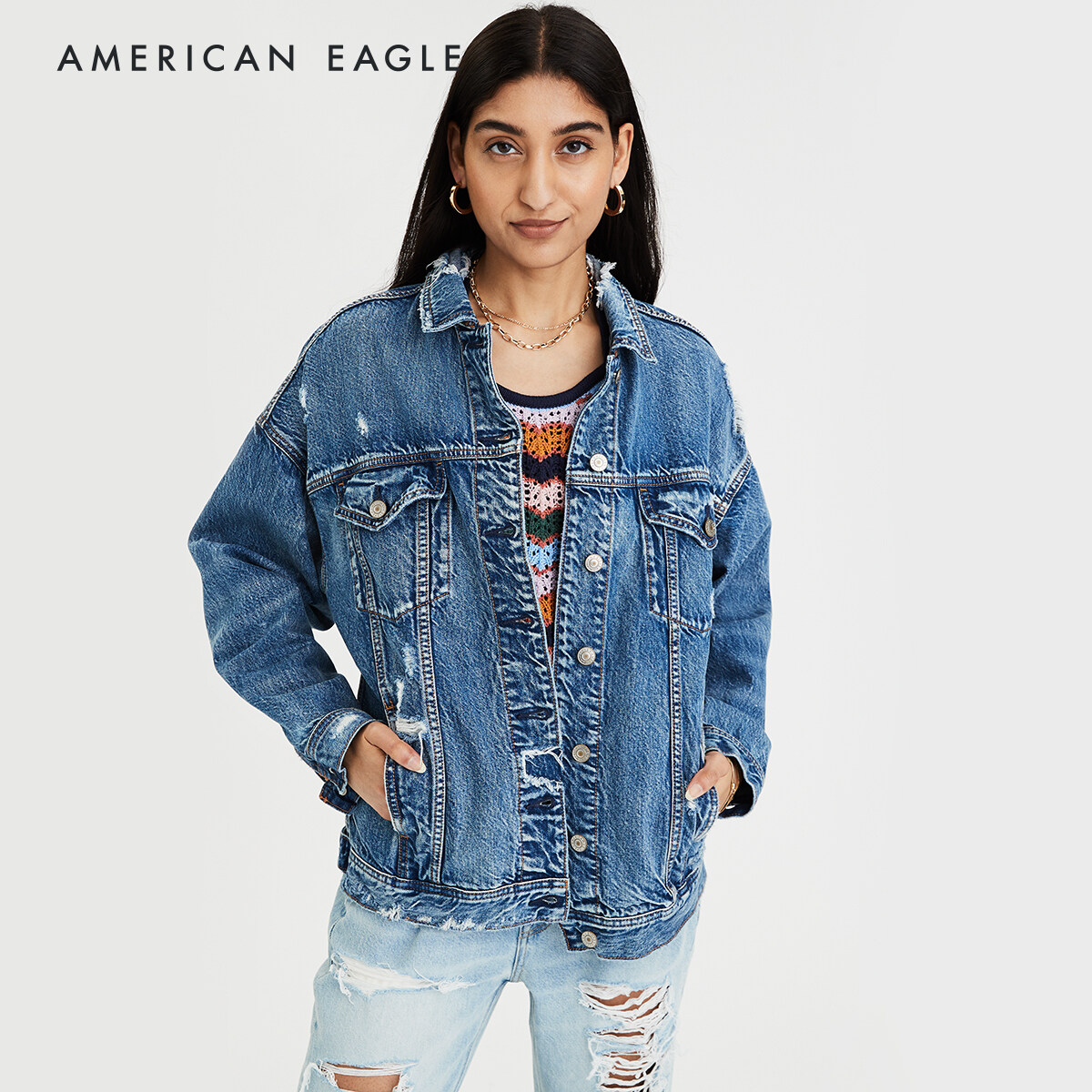 American Eagle Boyfriend Denim Jacket เสื้อ แจ็คเก็ต ผู้หญิง ยีนส์ ทรงบอยเฟรนด์(038-2821-936)