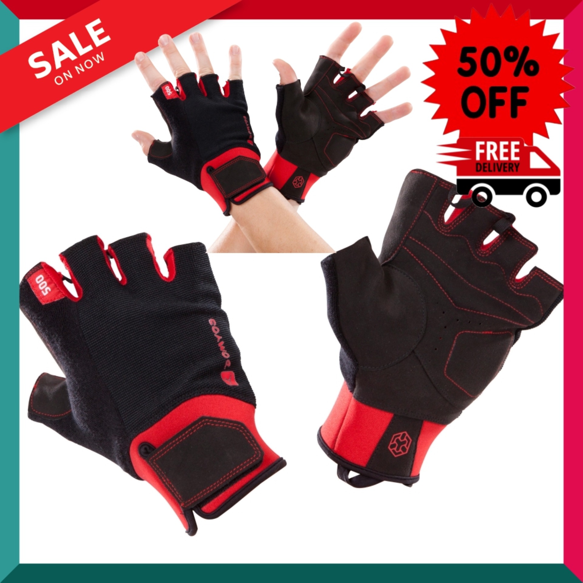 ถุงมือเวทเทรนนิ่งพร้อมแถบข้อมือรุ่น 500 (สีดำ/แดง) 500 Weight Training Glove With Rip-Tab Cuff - Black/Red พิลาทิส Pilates อุปกรณ์กีฬา ถุงมือ ถุงมือฟิตเนส โปรโมชั่นสุดคุ้ม โค้งสุดท้าย ส่งฟรี Free Delivery