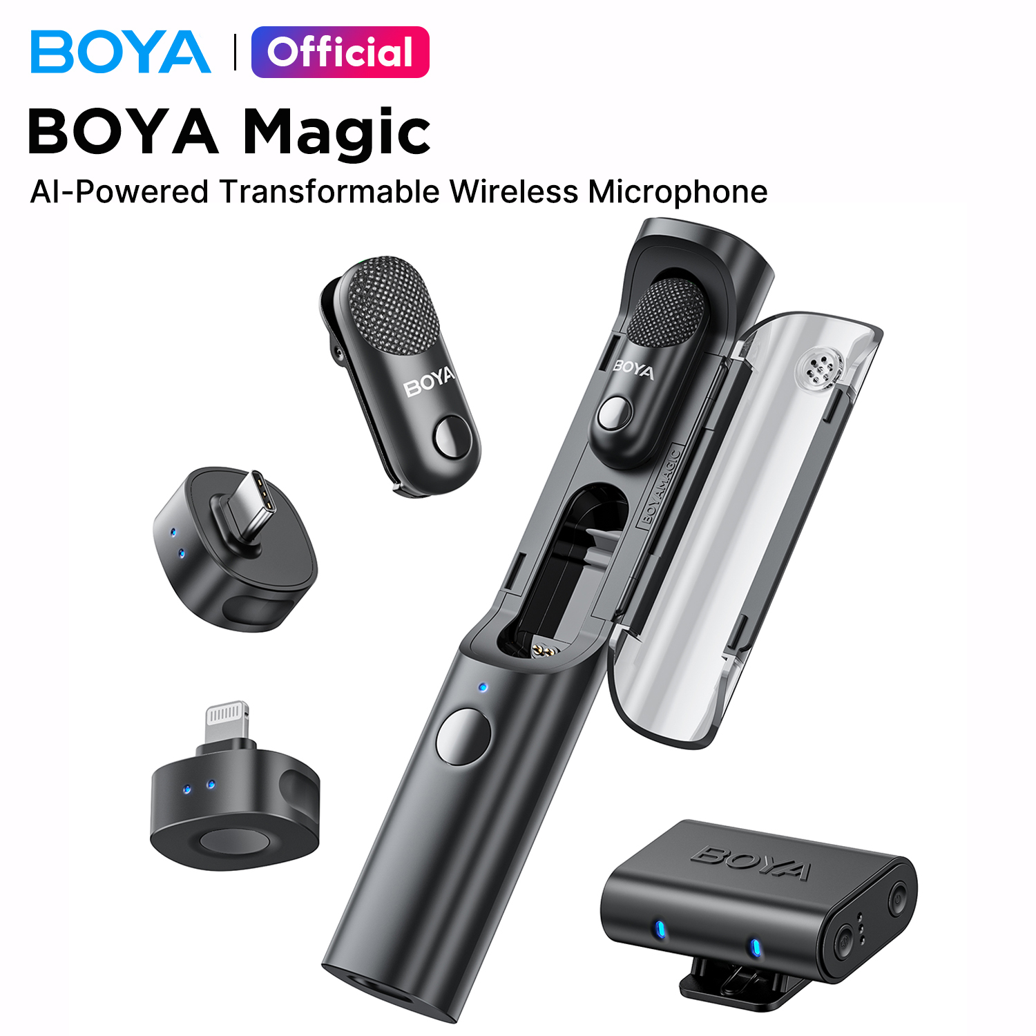 BOYA Magic AI-Powered Transformable Wireless Microphone Noise Cancelling Mic Lavalier Lapel Mini Microphone for Vlogging iPhone Android PC DSLR Camera