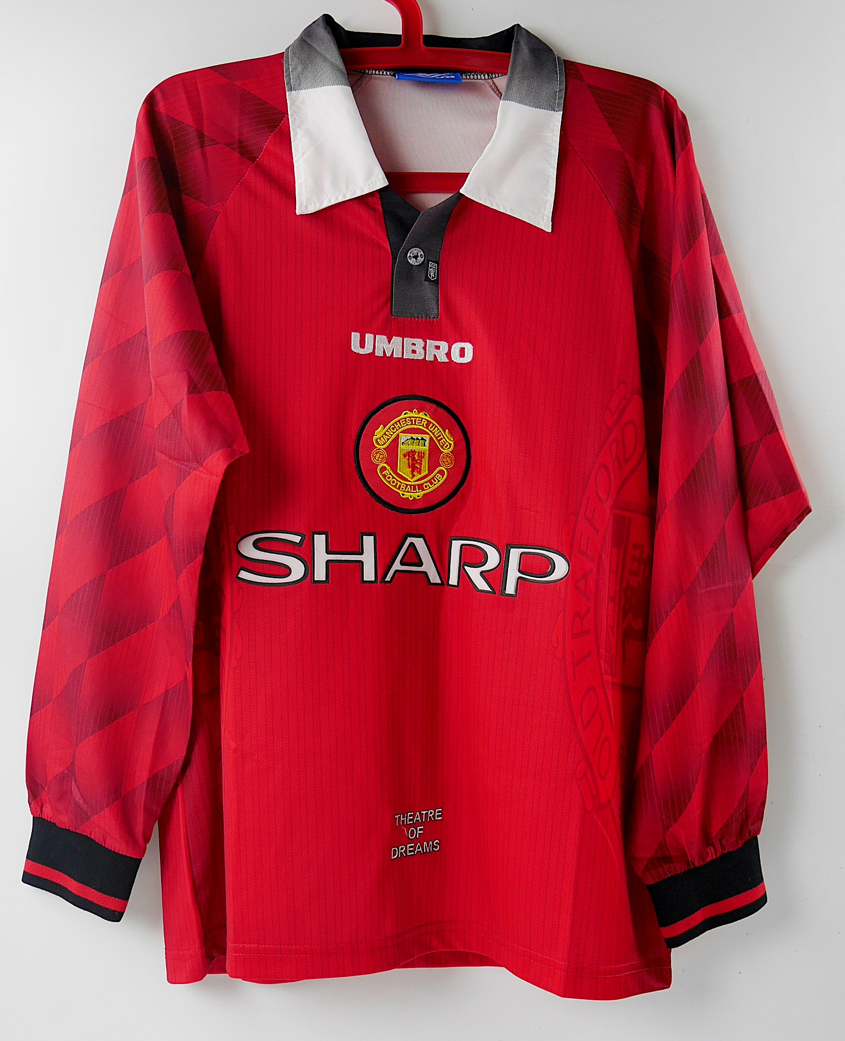 MAN UTD HOME 1996-1998 RETRO LONG SLEEVED FOOTBALL SHIRT SOCCER JERSEY เสื้อบอล เสื้อฟุตบอล เรโทร ย้อนยุค แมนยู หมากรุก cantona beckham giggs keane