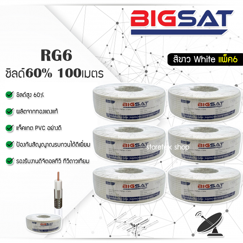 BIGCCTV Coxial RG 6 White ชิลด์ 64 เส้น 60% 100 เมตร สีขาว (แพ็ค 6) ราคา 2,400 บาท*ส่งฟรี