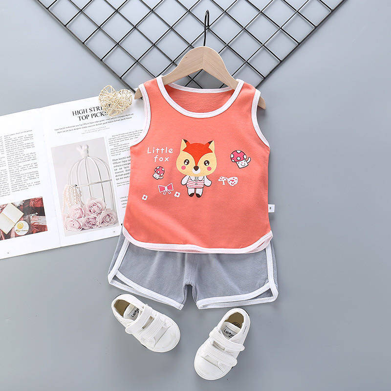 Babyonline(Y230)I4ชุดเช็ทเสื้อกล้ามและกางเกงสำหรับเด็กลายการ์ตูนน่ารักๆ