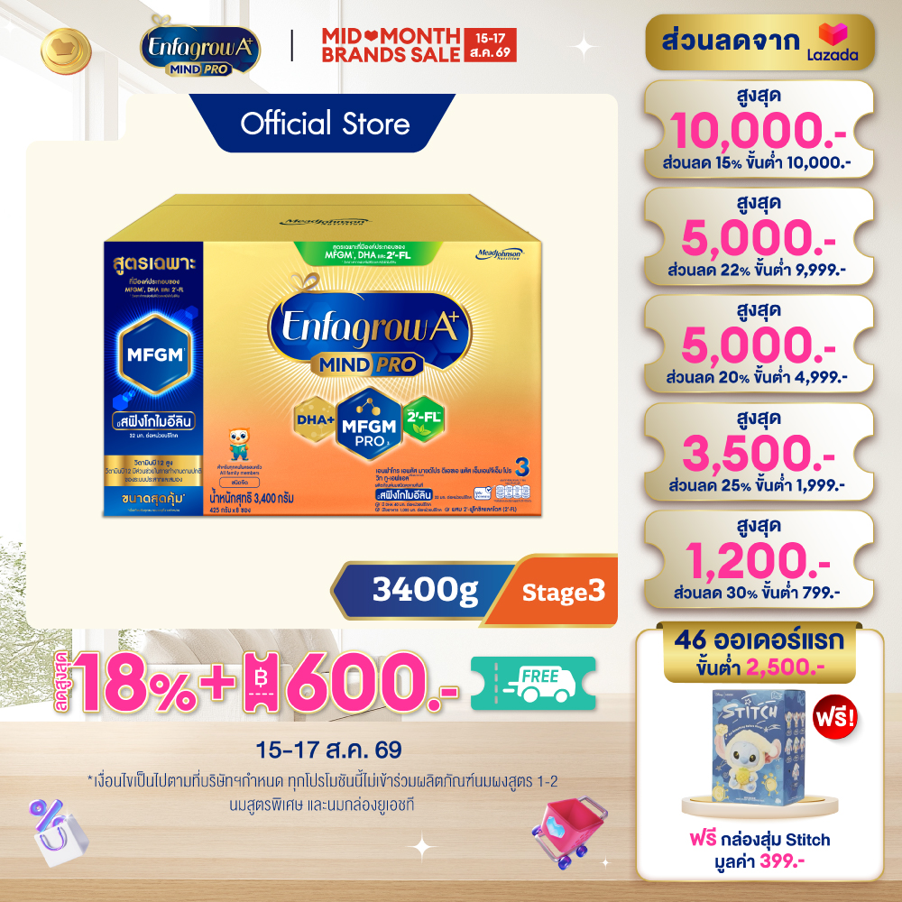 นมผง เอนฟาโกร เอพลัส มายด์โปร สูตร3 ชนิดจืด (3400 กรัม) Enfagrow A+ MindPro Stage3 Plain (3400 g) *แพ็คเกจอยู่ระหว่างการเปลี่ยนแปลง