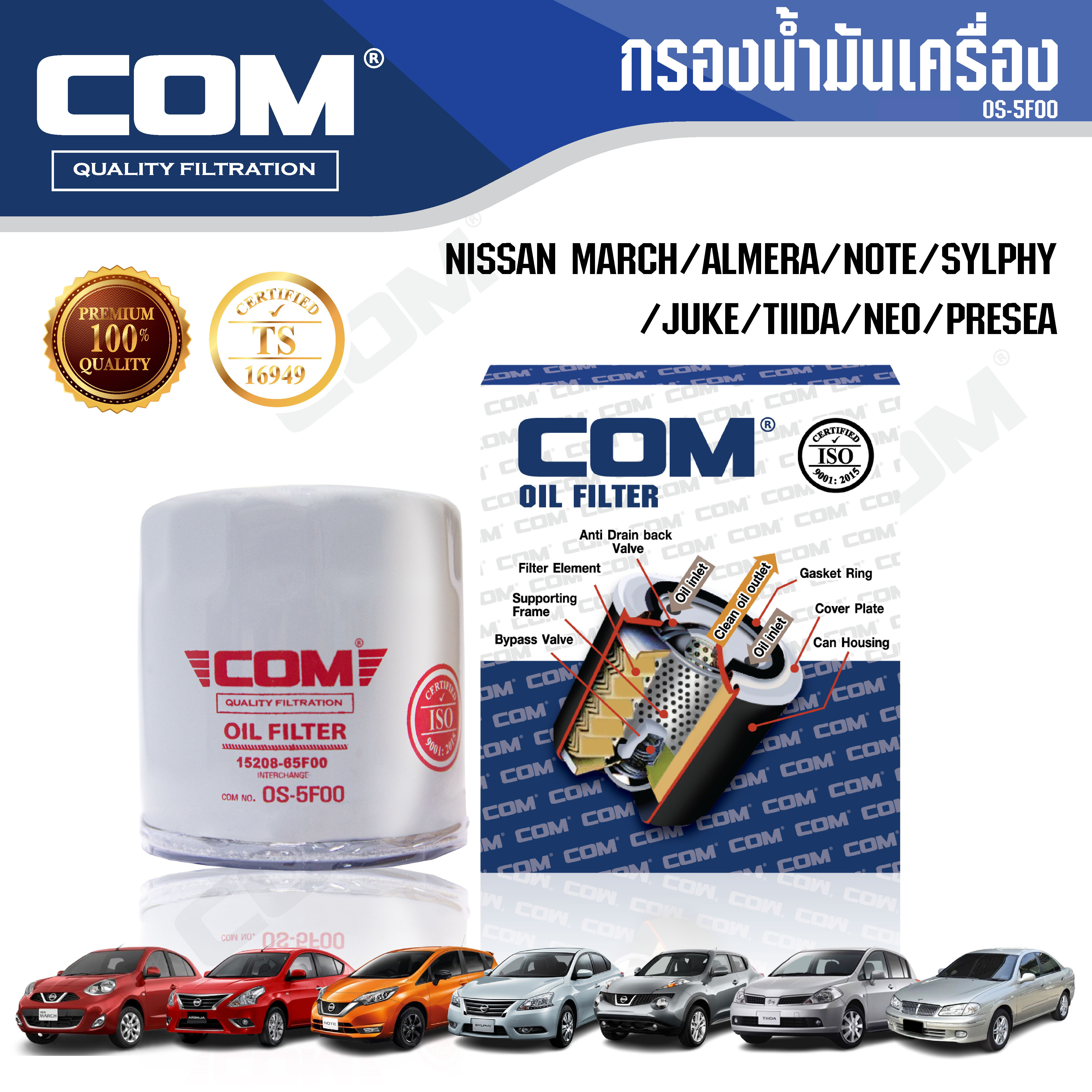 กรองน้ำมันเครื่อง NISSAN MARCH, ALMERA, NOTE 1.2, SYLPHY 1.6,1.8, JUKE, TIIDA, NEO, PRESEA / ALMERA 1.0, ไส้กรอง COM ราคา 105 บาท*ส่งฟรี