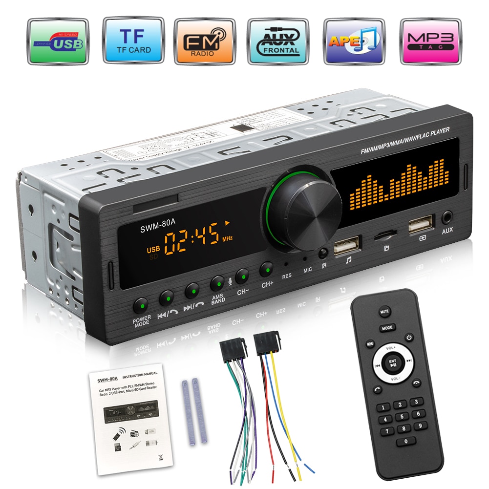 วิทยุติดรถยนต์ 1 DIN SWM-80A เครื่องเสียงออโต้สเตอริโอบลูทู ธ กลางแจ้ง TF USB AUX-in Car MP3
