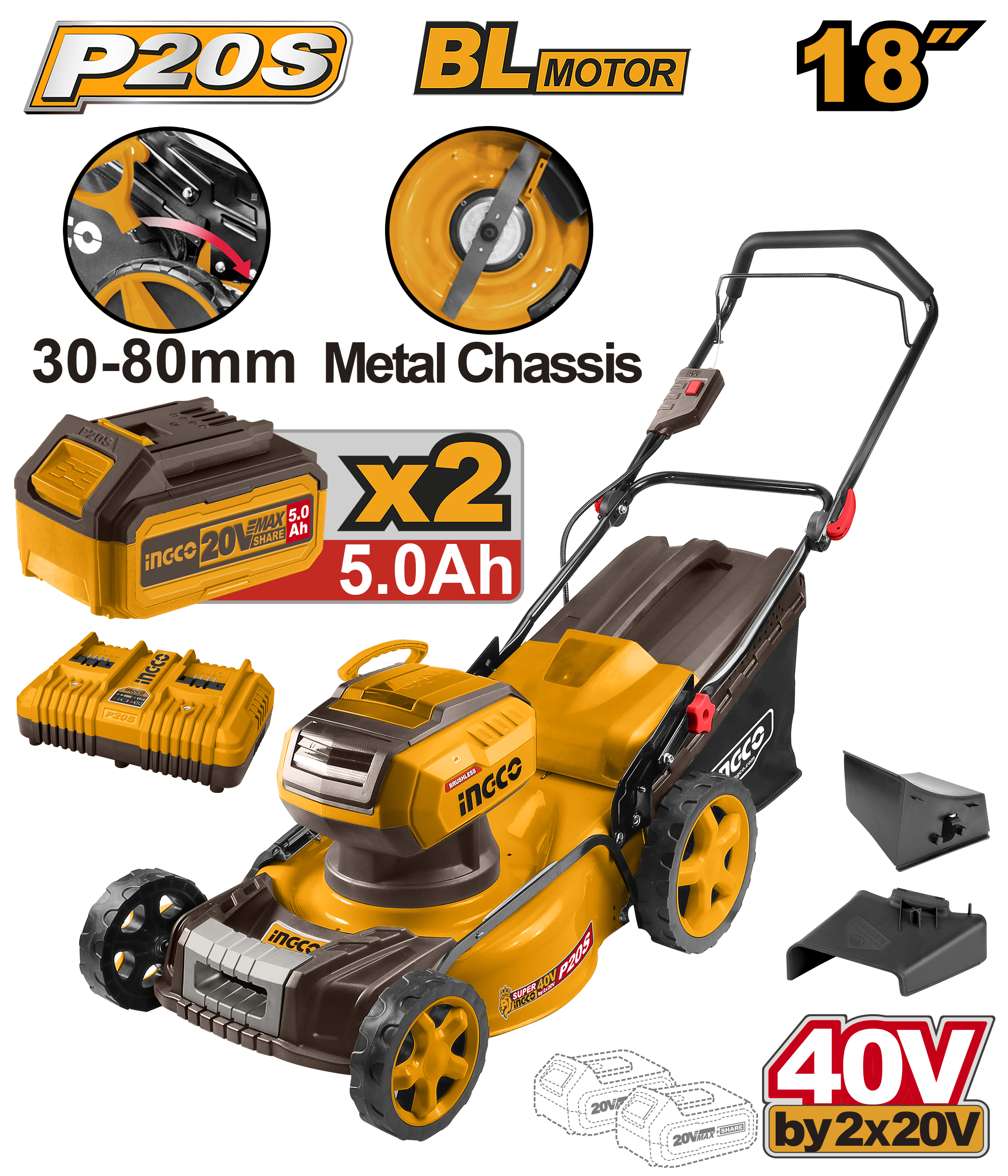 Ingco 18-Inch Cordless Battery Lawn Mower, 40V, Model Lmli20186, Complete Set with 5Ah*2 Batteries, Heavy-Duty Model, Brushless Motor. ราคา 16,500 บาท*ส่งฟรี