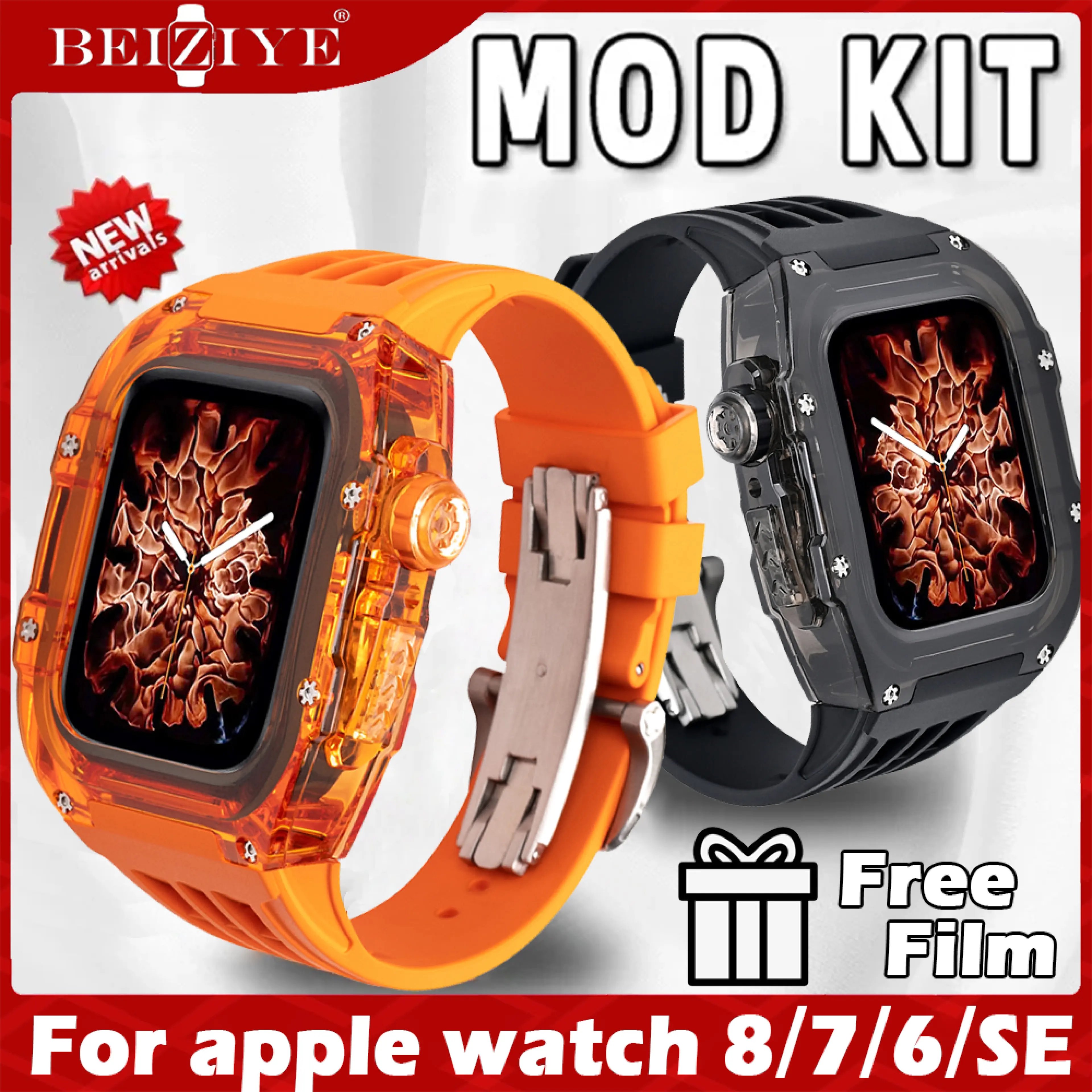 สาย + เคส Mod Kit Case Set for apple watch series 9 8 7 6 5 44mm 45mm สาย + เคส ยางโปร่งใสสำหรับ Luxury Rubber Transparent Cover for apple watch Alloy Watch อุปกรณ์เสริมนาฬิกา Accessories